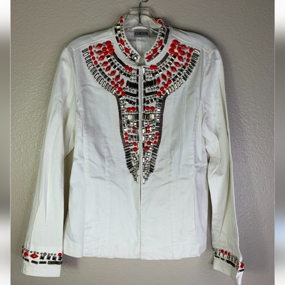 Chico's White Clip Down Jacket with Red and Silver Embellishments. NWT